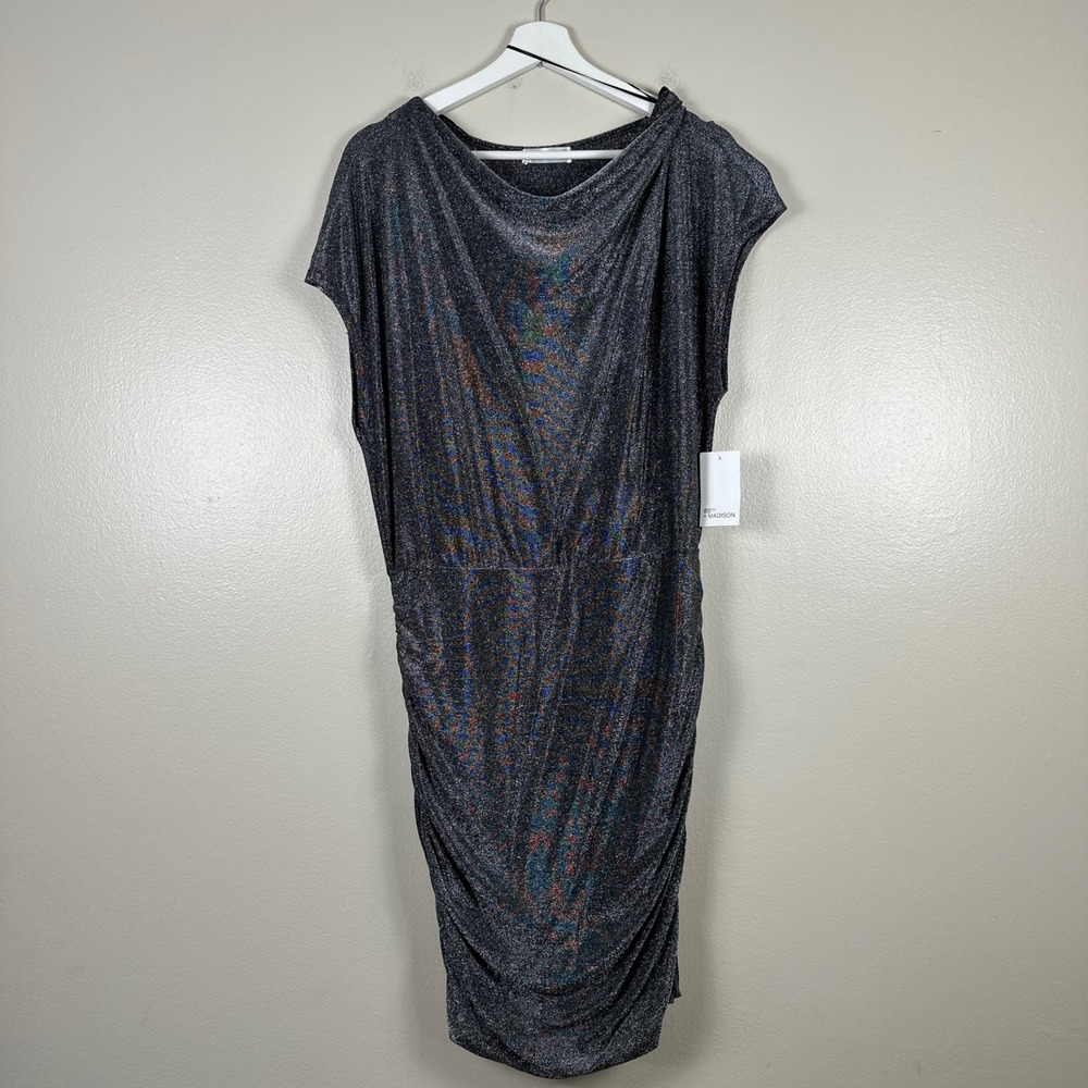 89th‎ + Madison Women's Large Sheath Dress Black Beauty Metallic Ruched NEW
